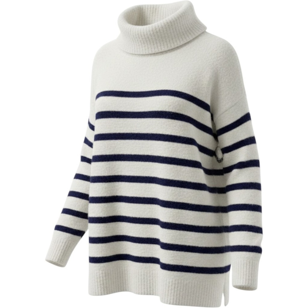 Lands End Womens 3X Striped Turtleneck Sweater Navy White Fuzzy Knit Pullover
